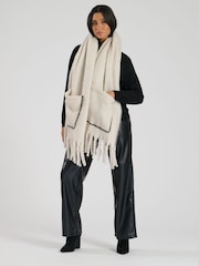 South Beach White Fluffy Pocket Scarf With Contrast Stitch - Image 4 of 4