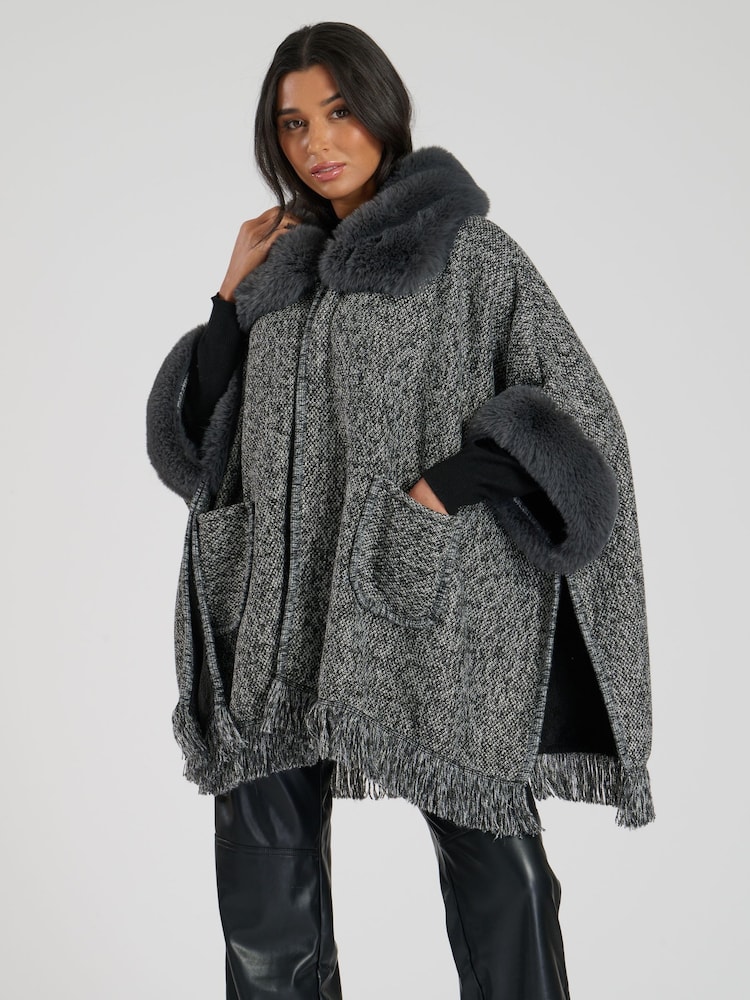 South Beach Grey Faux Fur Poncho - Image 1 of 5