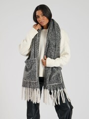South Beach Grey Chevron Fluffy Pocket Scarf With Contrast Stitch - Image 3 of 4