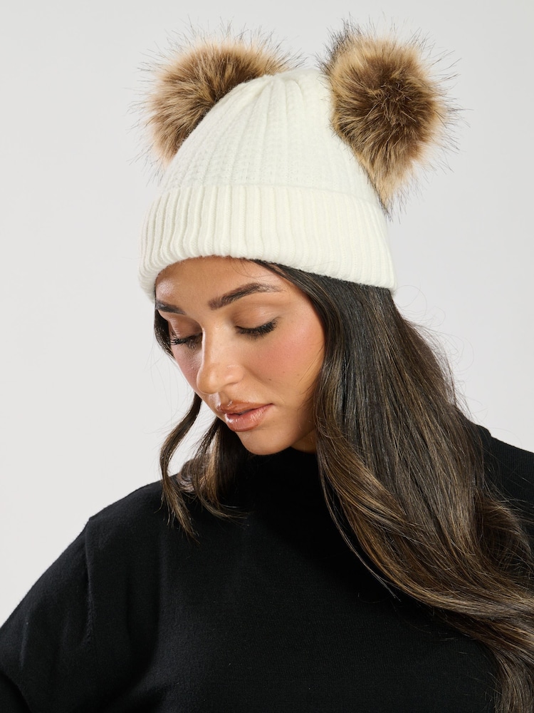 South Beach Cream Double Pom Hat With Faux Fur - Image 1 of 4