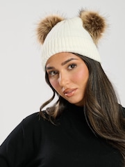 South Beach Cream Double Pom Hat With Faux Fur - Image 2 of 4