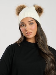 South Beach Cream Double Pom Hat With Faux Fur - Image 3 of 4