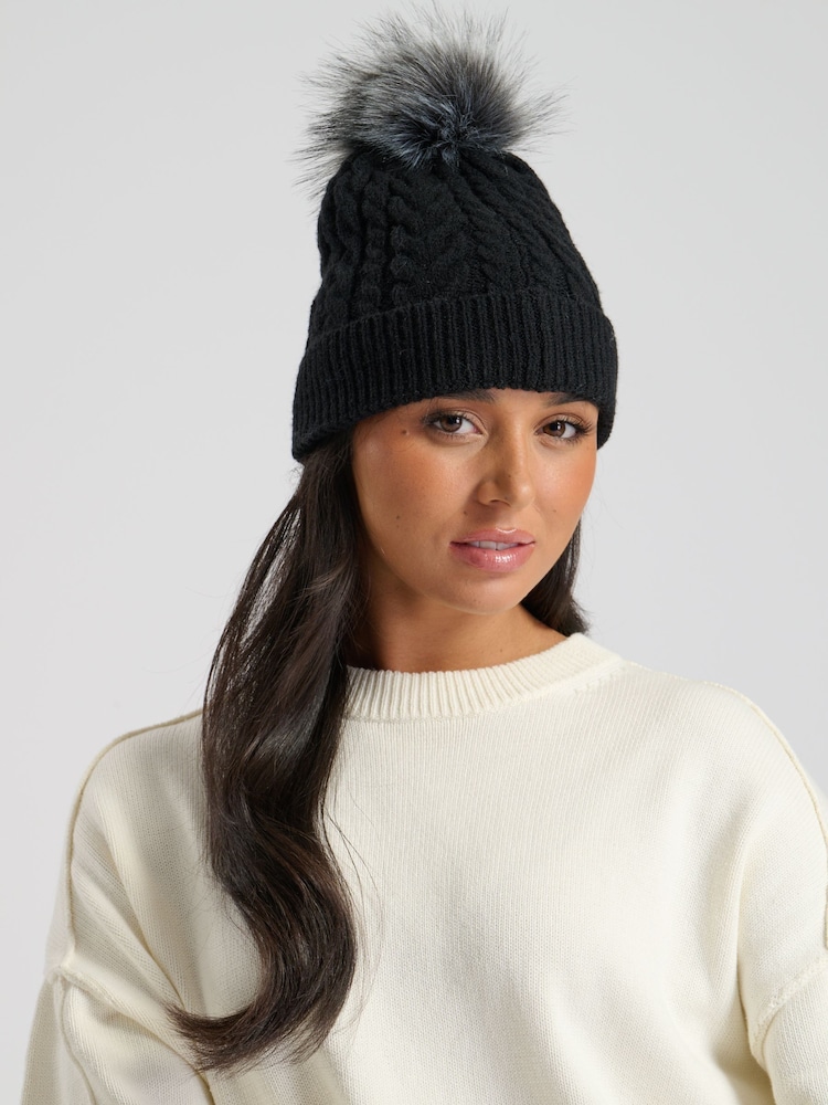 South Beach Black Cable Knit Hat With Silver Faux Fur Pom - Image 2 of 4