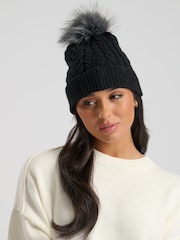 South Beach Black Cable Knit Hat With Silver Faux Fur Pom - Image 3 of 4