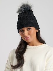 South Beach Black Cable Knit Hat With Silver Faux Fur Pom - Image 4 of 4