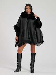 South Beach Black Faux Fur Poncho - Image 1 of 6