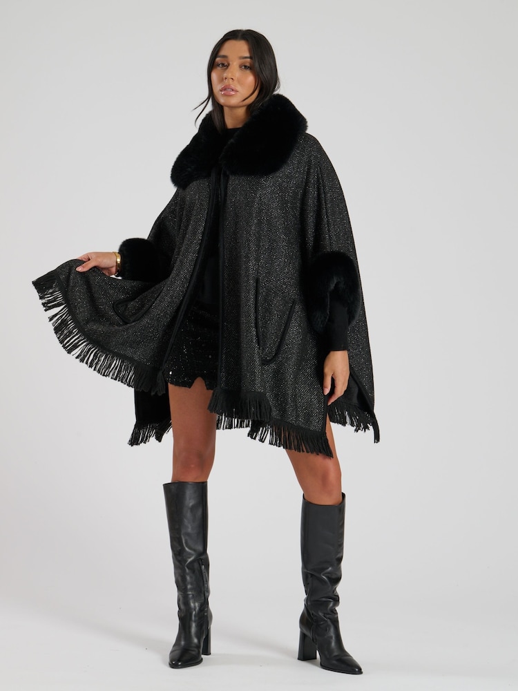 South Beach Black Faux Fur Poncho - Image 2 of 6