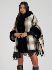 South Beach Black Check Faux Fur Poncho With Fringe - Image 1 of 5