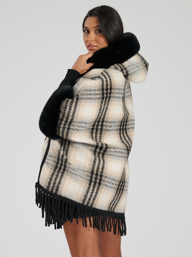 South Beach Black Check Faux Fur Poncho With Fringe - Image 2 of 5