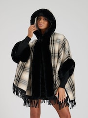 South Beach Black Check Faux Fur Poncho With Fringe - Image 3 of 5