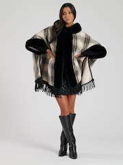 South Beach Black Check Faux Fur Poncho With Fringe - Image 4 of 5