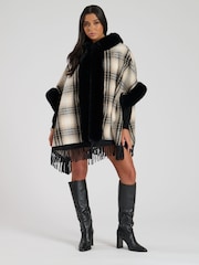 South Beach Black Check Faux Fur Poncho With Fringe - Image 5 of 5