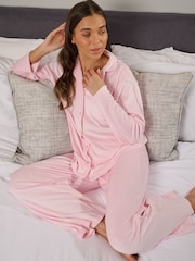 Loungeable Pink Supersoft Velour Long Sleeve Buttoned Pyjamas - Image 1 of 5