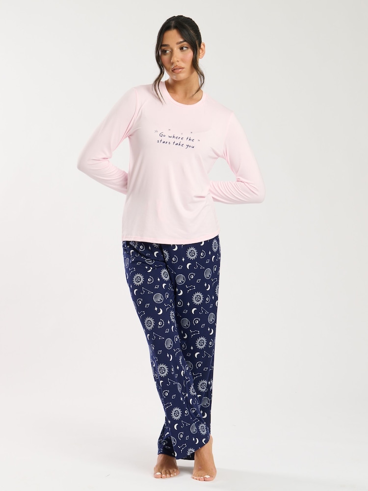 Loungeable Pink Go Where The Stars Long Sleeve And Long Pant Pyjama Set - Image 1 of 5