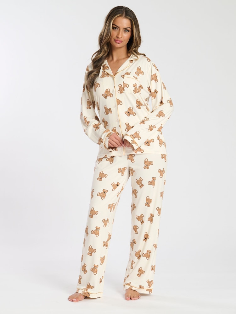 Loungeable Cream Teddy Bear Button Shirt And Long Pant Pyjama Set - Image 3 of 4