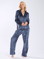 Loungeable Blue Super Soft Velour Star Foil Print Buttoned Pyjamas - Image 1 of 9