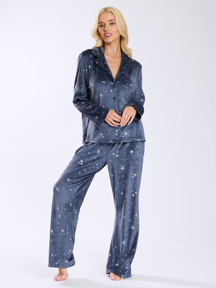 Loungeable Blue Super Soft Velour Star Foil Print Buttoned Pyjamas - Image 1 of 9