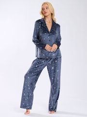 Loungeable Blue Super Soft Velour Star Foil Print Buttoned Pyjamas - Image 2 of 9