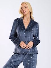 Loungeable Blue Super Soft Velour Star Foil Print Buttoned Pyjamas - Image 3 of 9