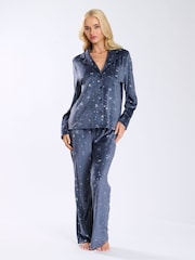 Loungeable Blue Super Soft Velour Star Foil Print Buttoned Pyjamas - Image 6 of 9