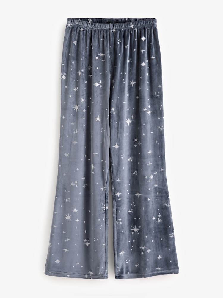 Loungeable Blue Super Soft Velour Star Foil Print Buttoned Pyjamas - Image 9 of 9