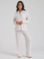 Loungeable Brown Marl Brushed Rib Long Sleeve Buttoned Pyjamas - Image 1 of 6