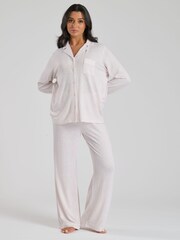 Loungeable Brown Marl Brushed Rib Long Sleeve Buttoned Pyjamas - Image 2 of 6