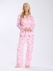 Loungeable Pink Christmas Gingerbread Button Shirt And Long Joggers Pyjamas Set - Image 1 of 8