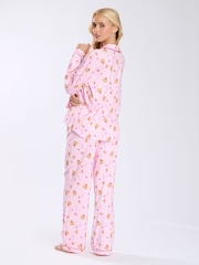 Loungeable Pink Christmas Gingerbread Button Shirt And Long Joggers Pyjamas Set - Image 2 of 8