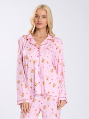 Loungeable Pink Christmas Gingerbread Button Shirt And Long Joggers Pyjamas Set - Image 3 of 8