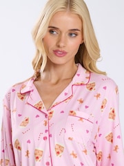 Loungeable Pink Christmas Gingerbread Button Shirt And Long Joggers Pyjamas Set - Image 4 of 8