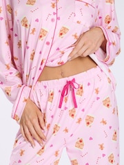 Loungeable Pink Christmas Gingerbread Button Shirt And Long Joggers Pyjamas Set - Image 5 of 8