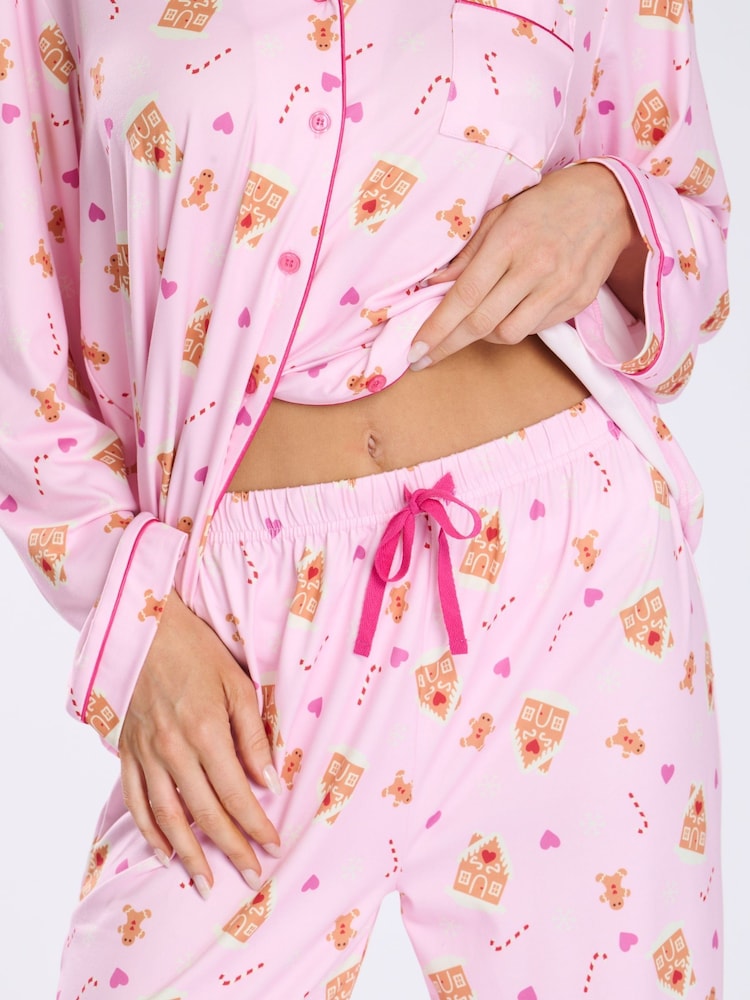 Loungeable Pink Christmas Gingerbread Button Shirt And Long Joggers Pyjamas Set - Image 5 of 8