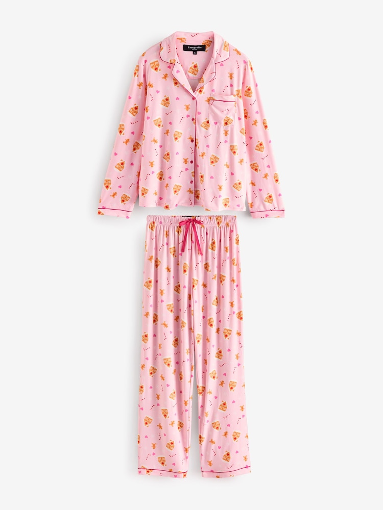 Loungeable Pink Christmas Gingerbread Button Shirt And Long Joggers Pyjamas Set - Image 6 of 8