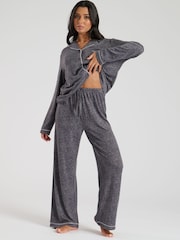 Loungeable Grey Marl Brushed Rib Long Sleeve Buttoned Pyjamas - Image 1 of 7