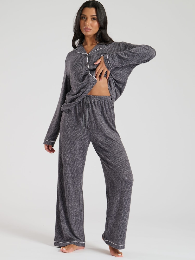 Loungeable Grey Marl Brushed Rib Long Sleeve Buttoned Pyjamas - Image 1 of 7