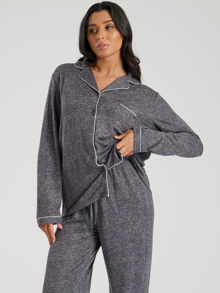 Loungeable Grey Marl Brushed Rib Long Sleeve Buttoned Pyjamas - Image 2 of 7