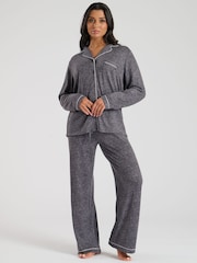 Loungeable Grey Marl Brushed Rib Long Sleeve Buttoned Pyjamas - Image 3 of 7