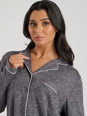 Loungeable Grey Marl Brushed Rib Long Sleeve Buttoned Pyjamas - Image 4 of 7