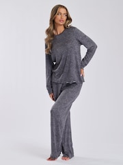 Loungeable Grey Marl Brushed Rib Long Sleeve Top And Trouser Set - Image 1 of 9
