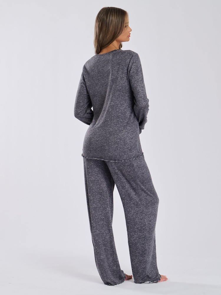 Loungeable Grey Marl Brushed Rib Long Sleeve Top And Trouser Set - Image 2 of 9