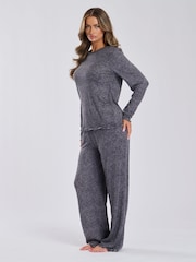 Loungeable Grey Marl Brushed Rib Long Sleeve Top And Trouser Set - Image 3 of 9