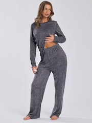 Loungeable Grey Marl Brushed Rib Long Sleeve Top And Trouser Set - Image 4 of 9
