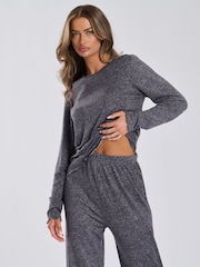 Loungeable Grey Marl Brushed Rib Long Sleeve Top And Trouser Set - Image 5 of 9