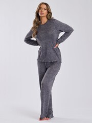Loungeable Grey Marl Brushed Rib Long Sleeve Top And Trouser Set - Image 6 of 9