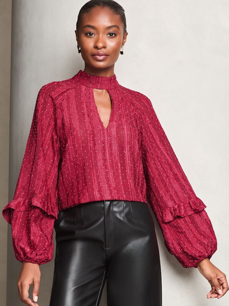 Lipsy Red Chiffon Burnout Keyhole Blouse - Image 1 of 4