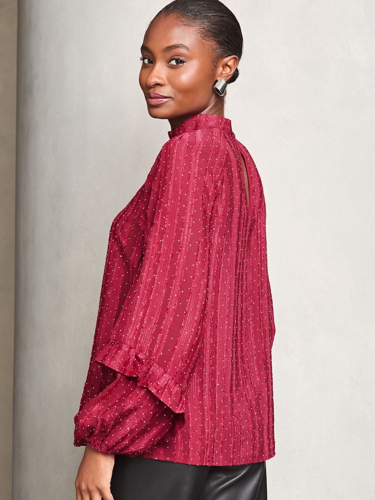 Lipsy Red Chiffon Burnout Keyhole Blouse - Image 4 of 4 Lipsy Red Chiffon Burnout Keyhole Blouse - Image 4 of 4