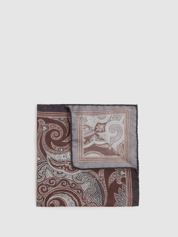 Reiss Chocolate Lucca Silk Hybrid Print Pocket Square - Image 1 of 4