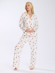 Loungeable Cream Cute Christmas Reindeer Button Shirt And Long Joggers Pyjamas Set - Image 1 of 9