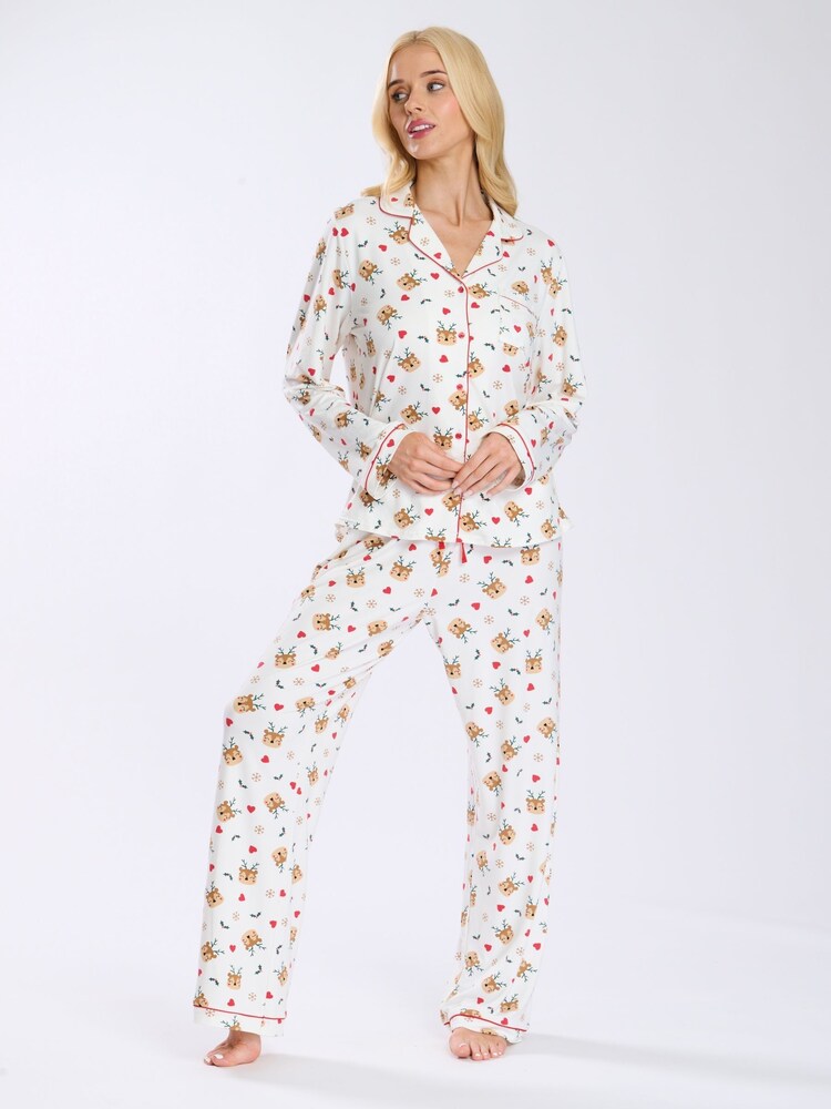 Loungeable Cream Cute Christmas Reindeer Button Shirt And Long Joggers Pyjamas Set - Image 1 of 9